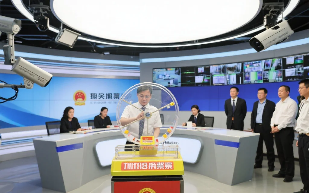 一个现代化的开奖大厅,工作人员在监控下进行公开开奖,现场有摄像头和监督人员